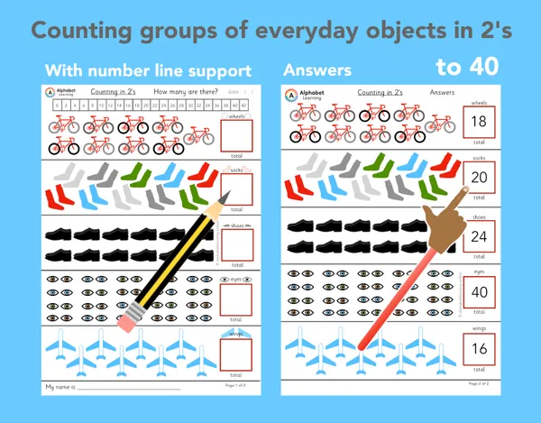 Counting groups of objects in 2’s (to 40) with Answers