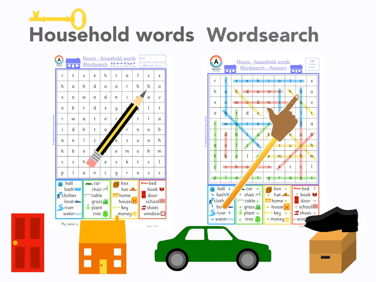 Household nouns word search worksheet (ages 5-7) main preview