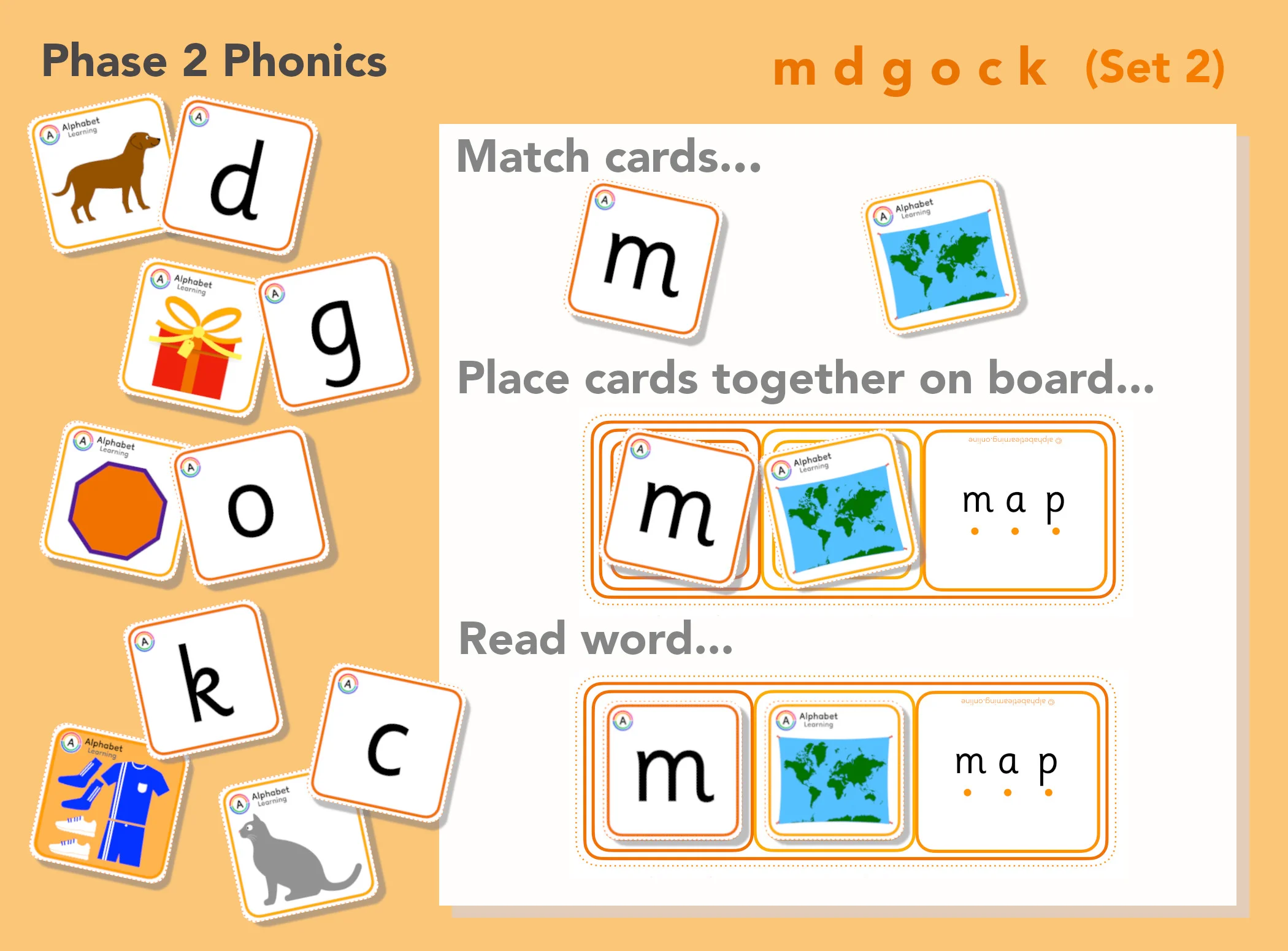 Phase 2 m d g o c k Letter/picture match cards and reading words (with answers) Set 2