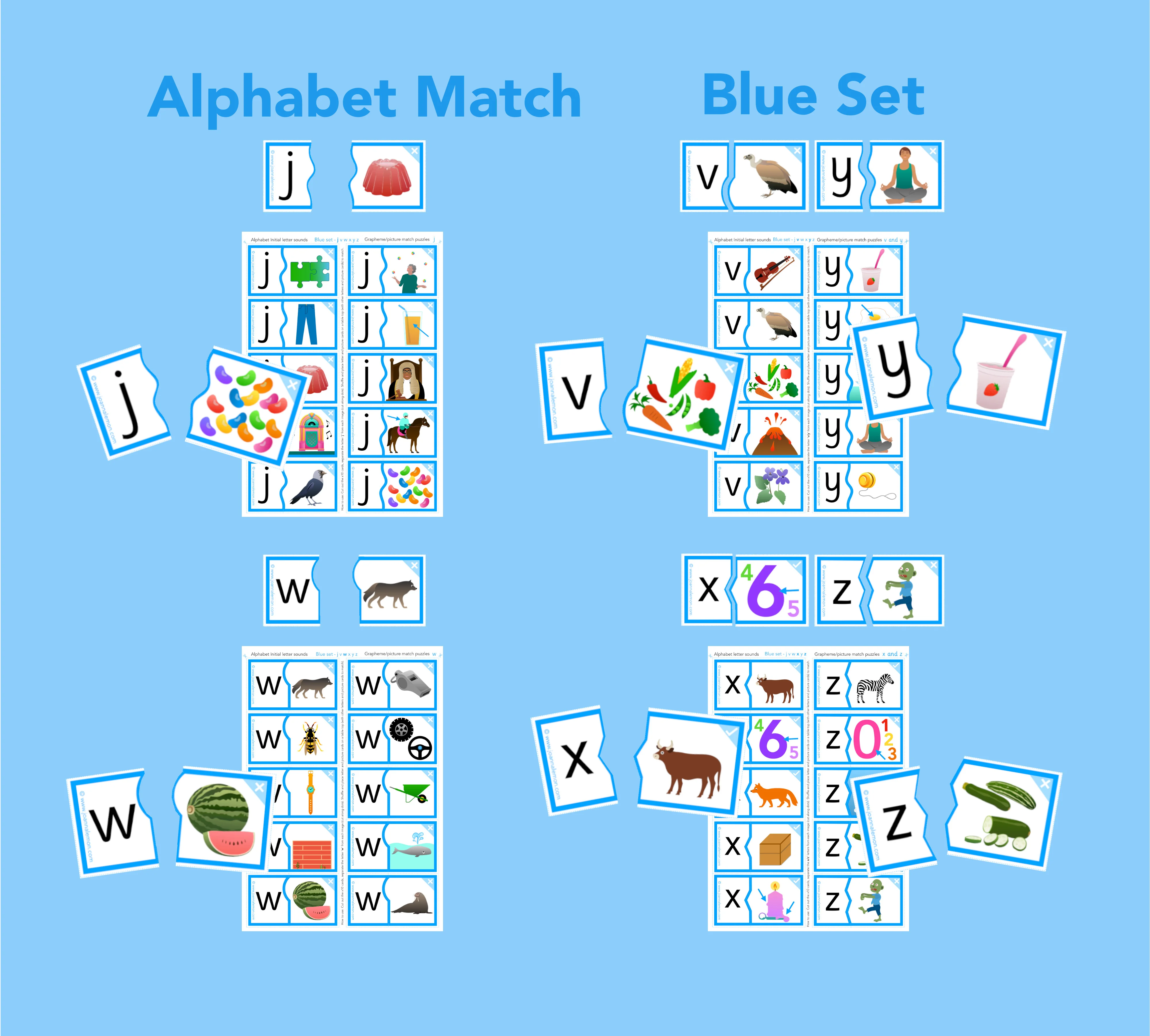 Alphabet match - letters j v w x y z (Blue set)
