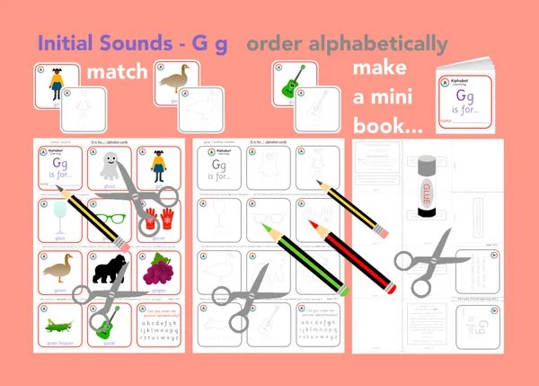 G is for... letter 'g' initial sounds - alphabet cards and mini book activity printable resource (Ages 3-6)