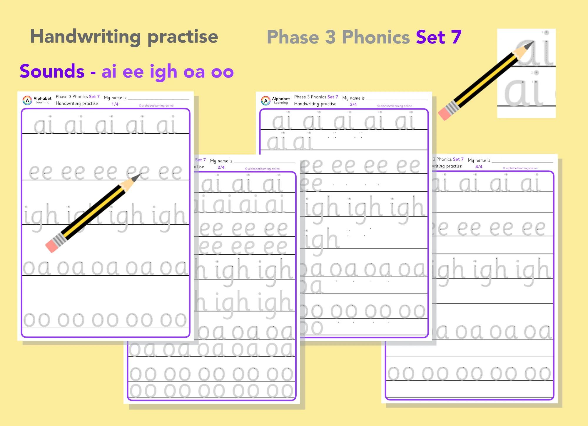 Handwriting Phase 3 Phonics ai, ee, igh, oa, oo (Set 7)