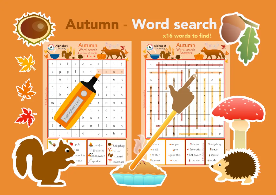 Autumn themed word search worksheet (ages 5-7) main preview