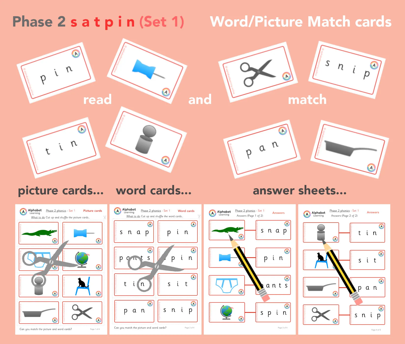 s a t p i n Phonics Picture/word match cards main preview