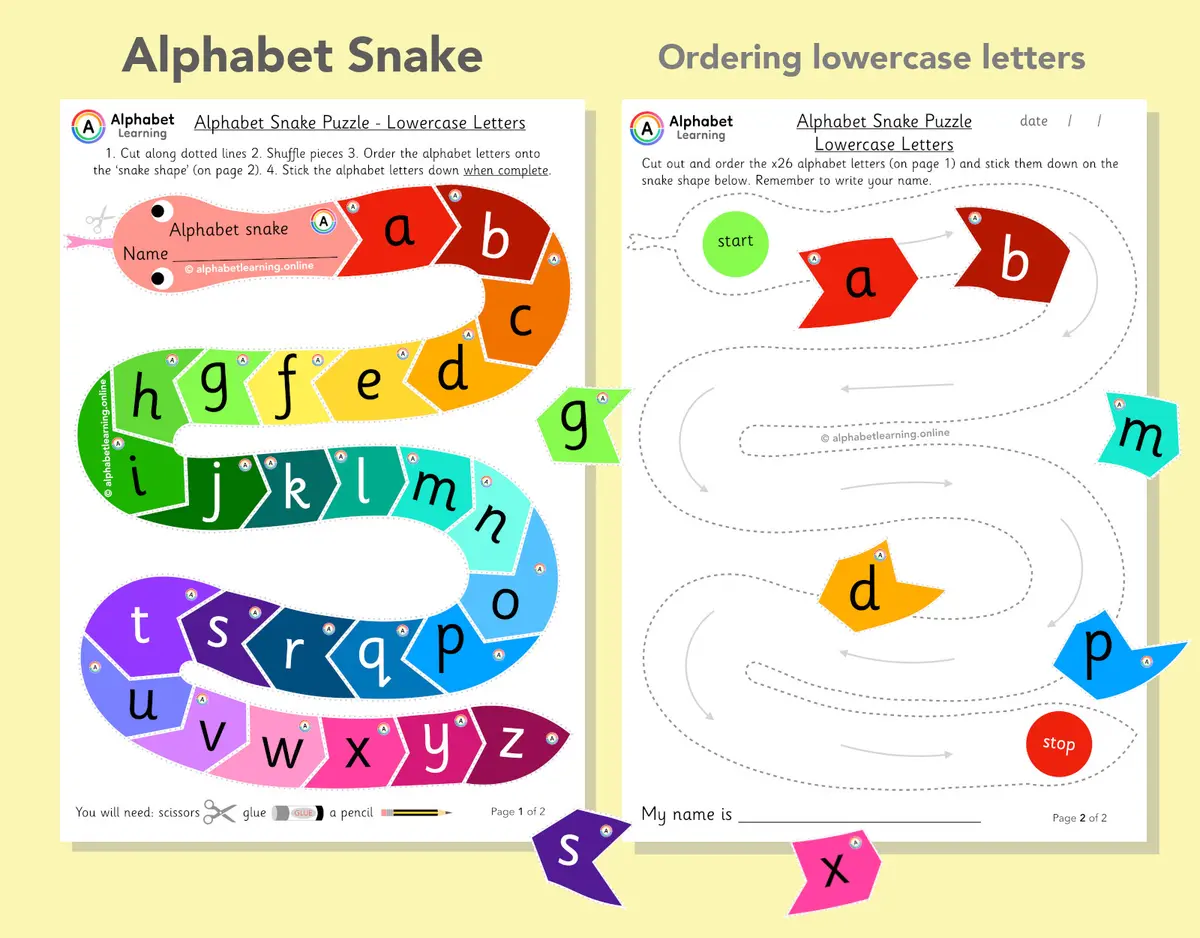 Alphabet snake - ordering lowercase letters puzzle (ages 4-6) main preview