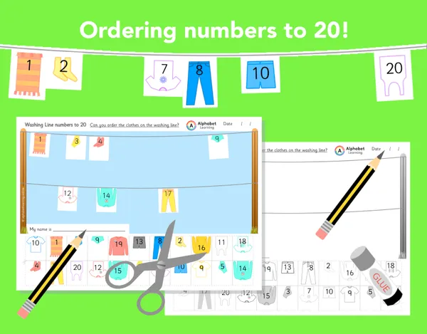 Ordering numbers to 20 Cut/stick Washing Line