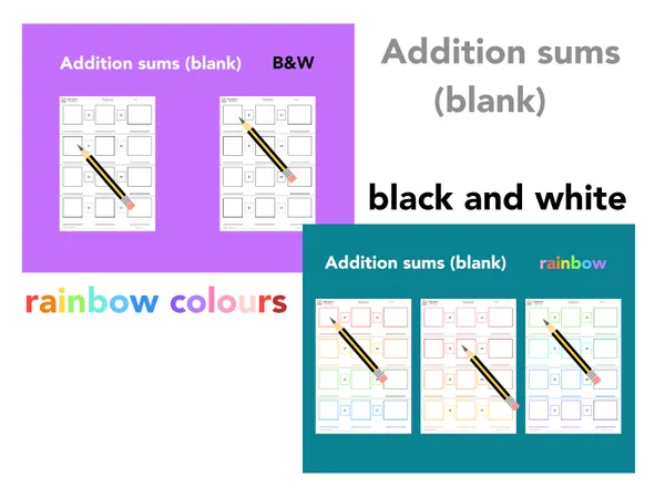 Addition sums blank rainbow and black and white worksheet pack (ages 3-6)