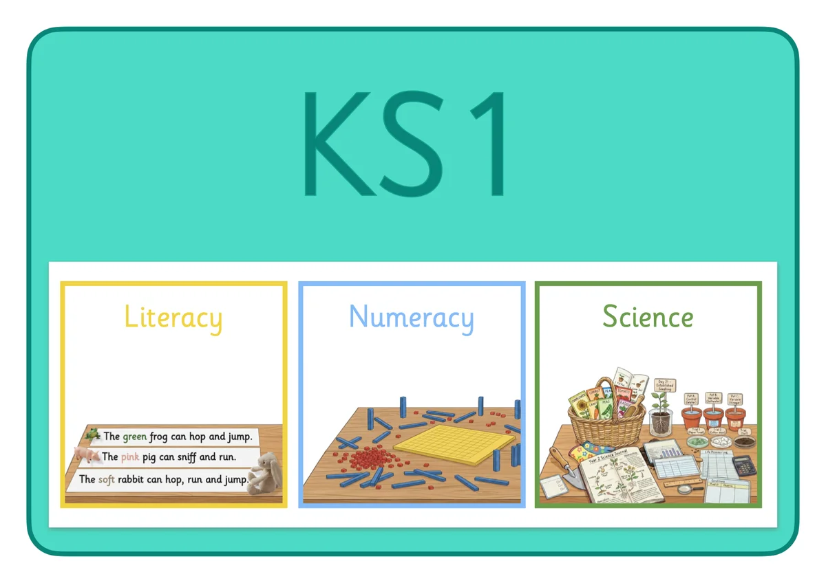 Promotional graphic with the text KS1 on a turquoise background, above three boxes showing literacy with sentence strips and small toys, numeracy with base ten blocks and a place value mat, and science with recording sheets, a journal, and potted plants.