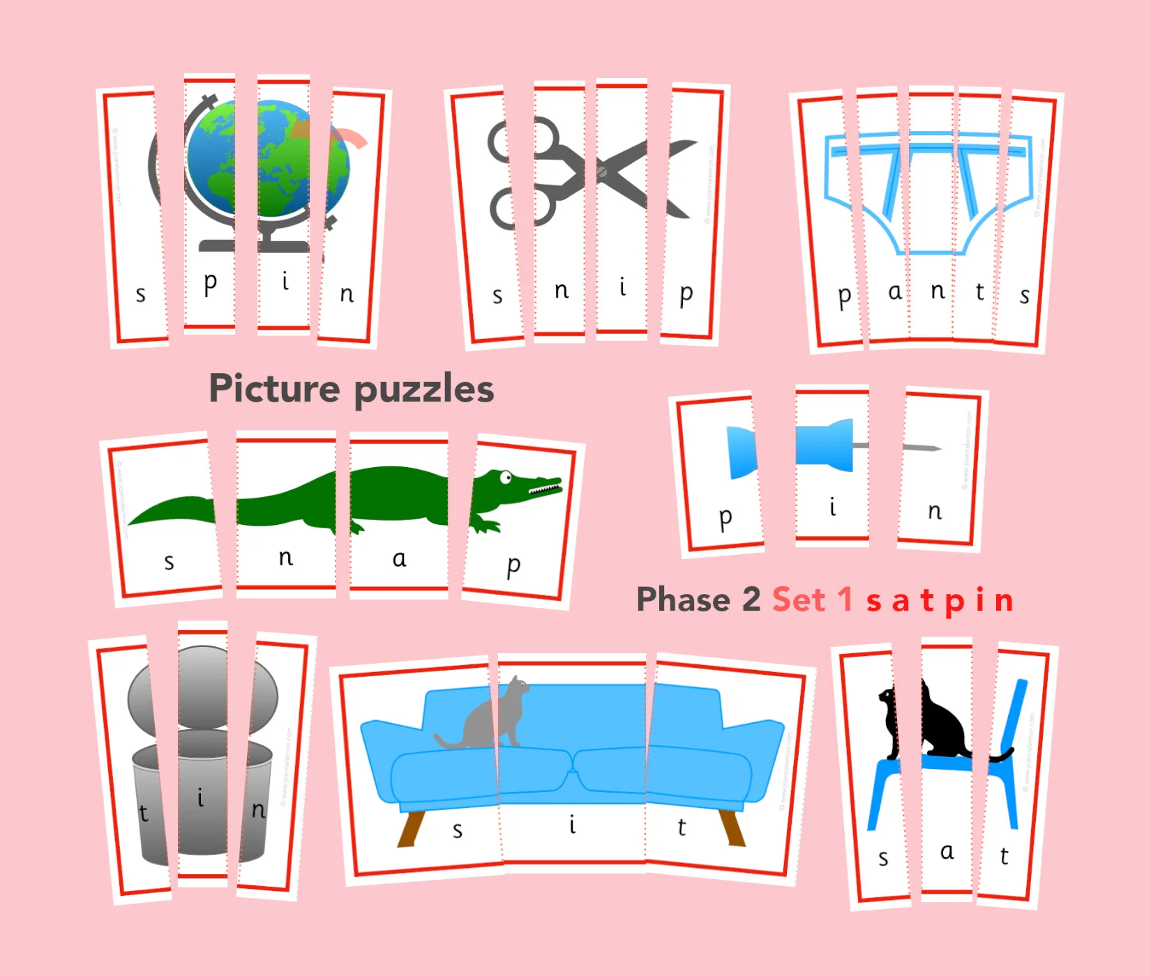Phonics Phase 2 Word/picture puzzles (s a t p i n)