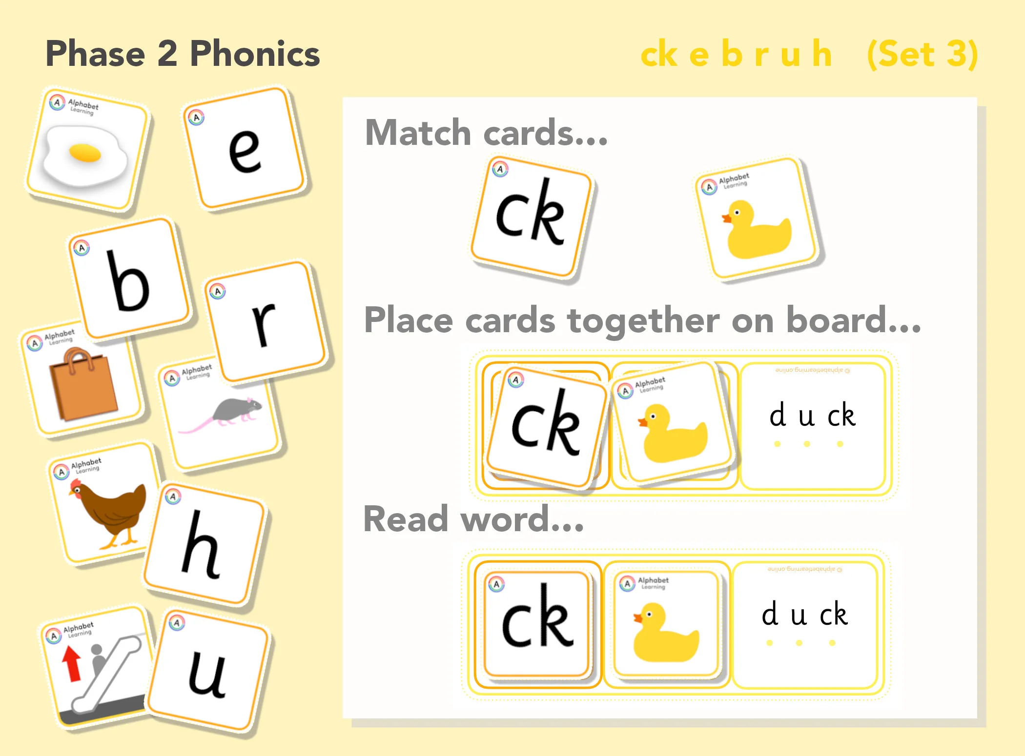 Phase 2 ck e u r h b Letter/picture match cards and reading words (with answers) Set 3