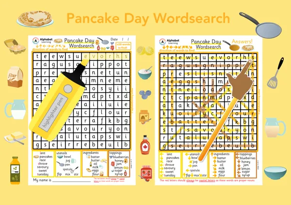 Pancake Day/Shrove Tuesday themed word search worksheet (ages 5-7)