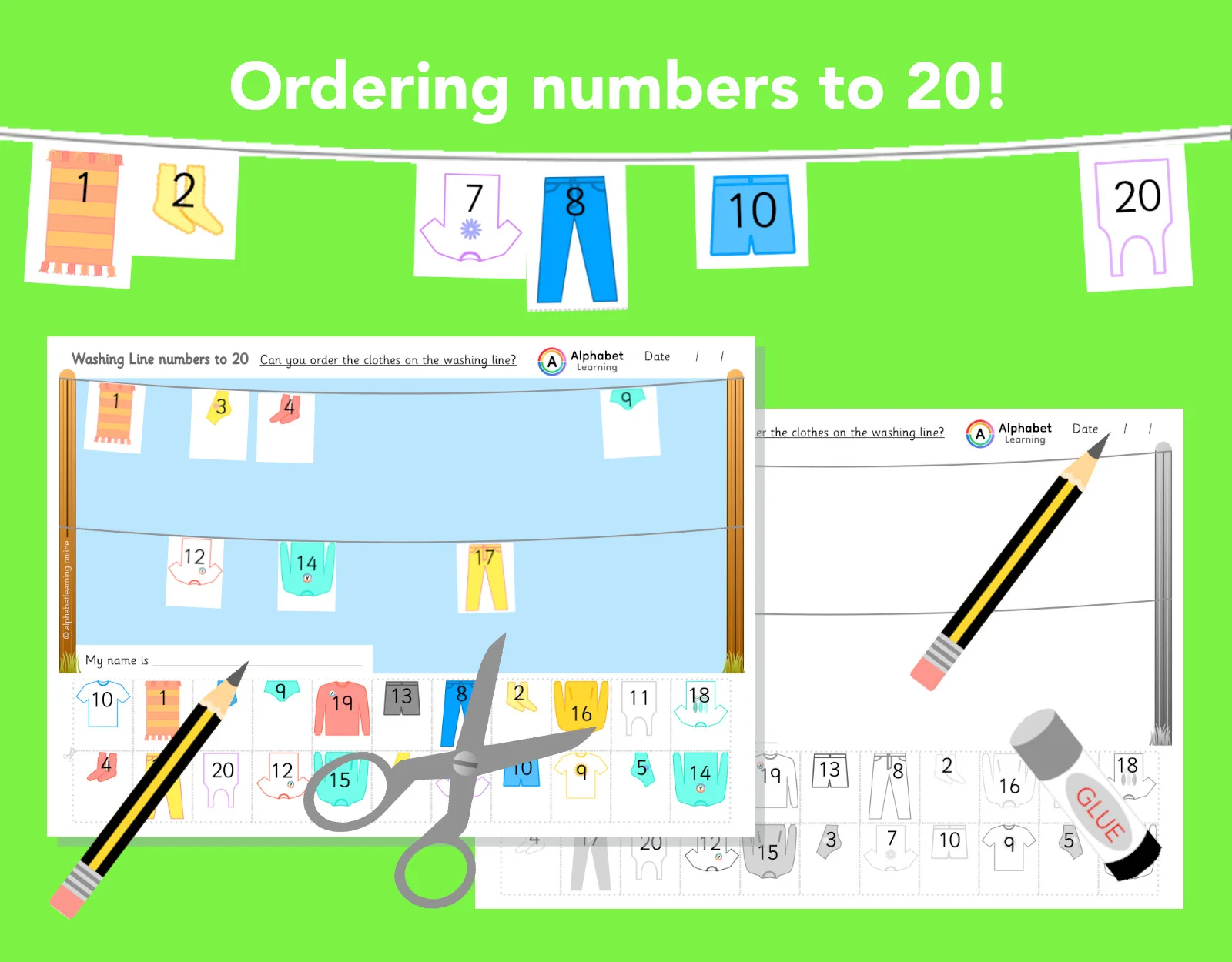 Ordering numbers to 20 Cut/stick Washing Line