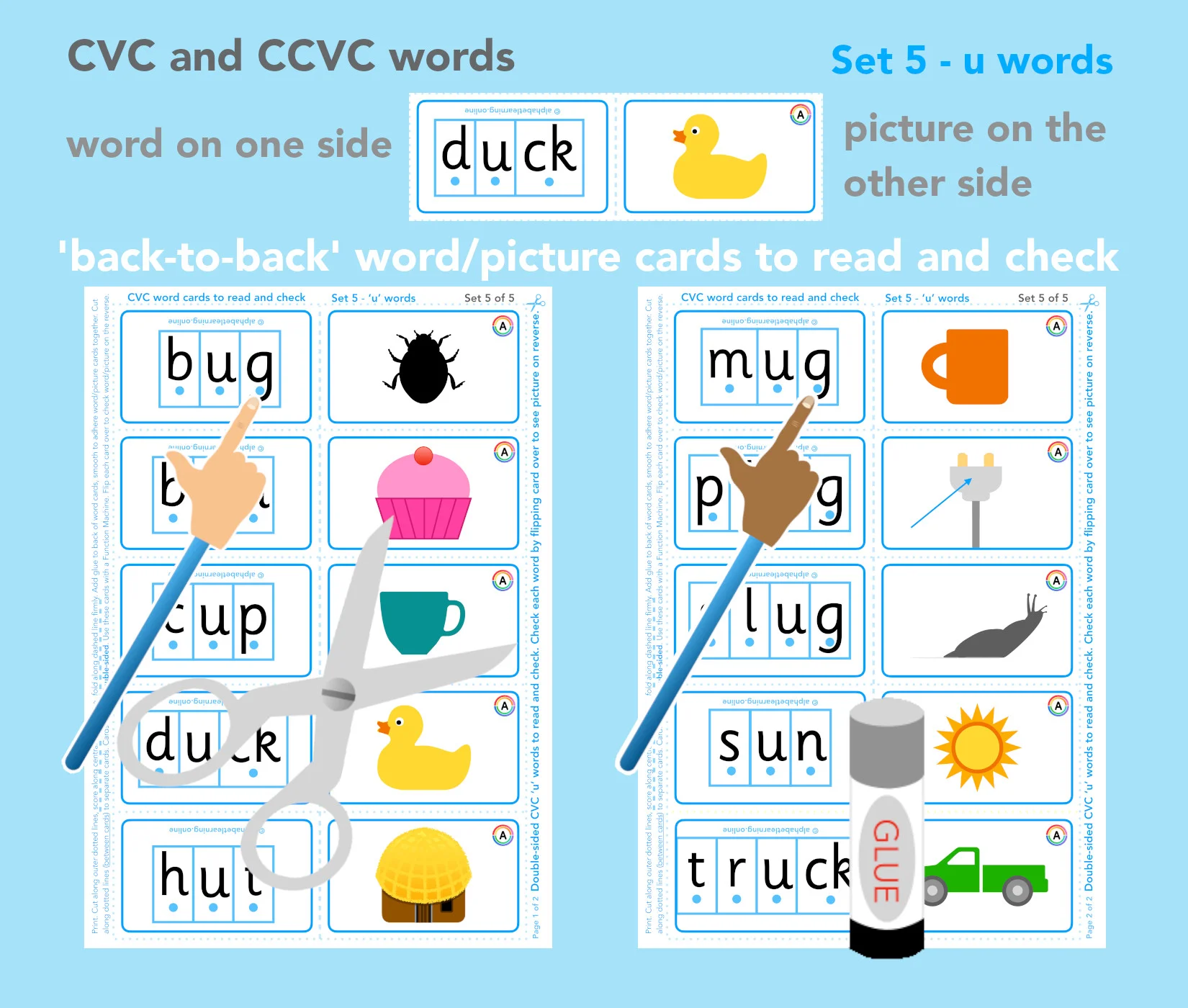 CVC 'u' word/picture cards - Double-sided (Set 5/5)