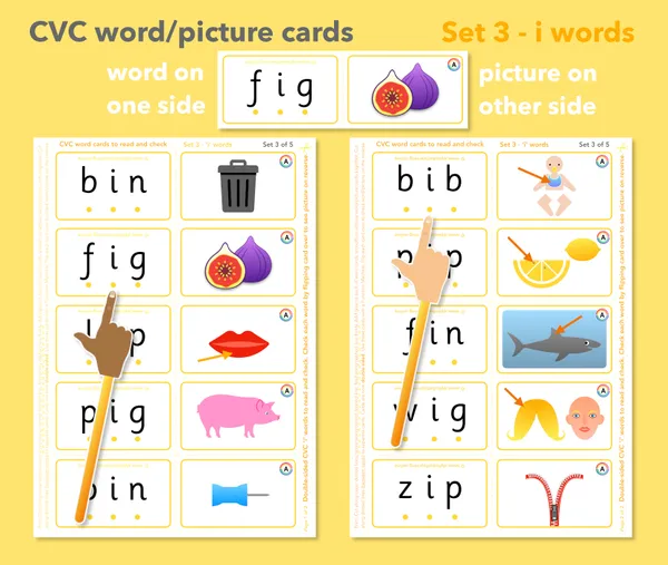 CVC word and picture cards double-sided set 3 'i' words (ages 4-6)