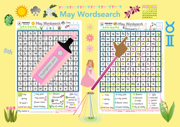 May themed word search worksheet (ages 5-7)