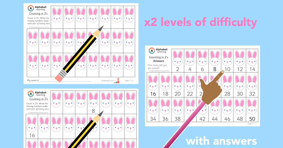 Counting in 2s Rabbits x2 levels (with answers) | Alphabet Learning