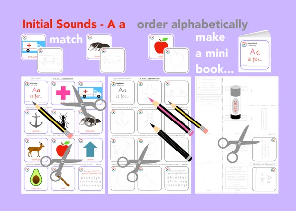 A is for... letter 'a' initial sounds - alphabet cards and mini book activity printable resource (Ages 3-6)