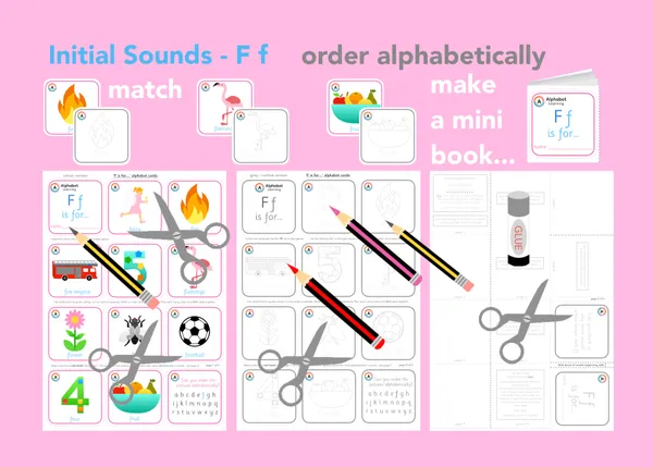 F is for... letter 'f' initial sounds - alphabet cards and mini book activity printable resource (Ages 3-6)