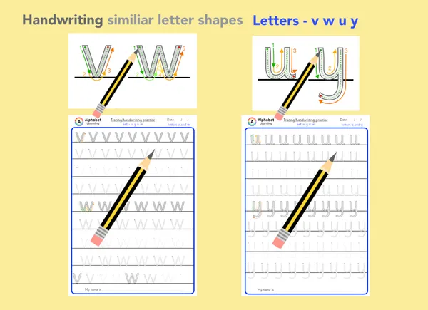 Lowercase Letter Handwriting Formation: u, y, v, w Similar Shapes