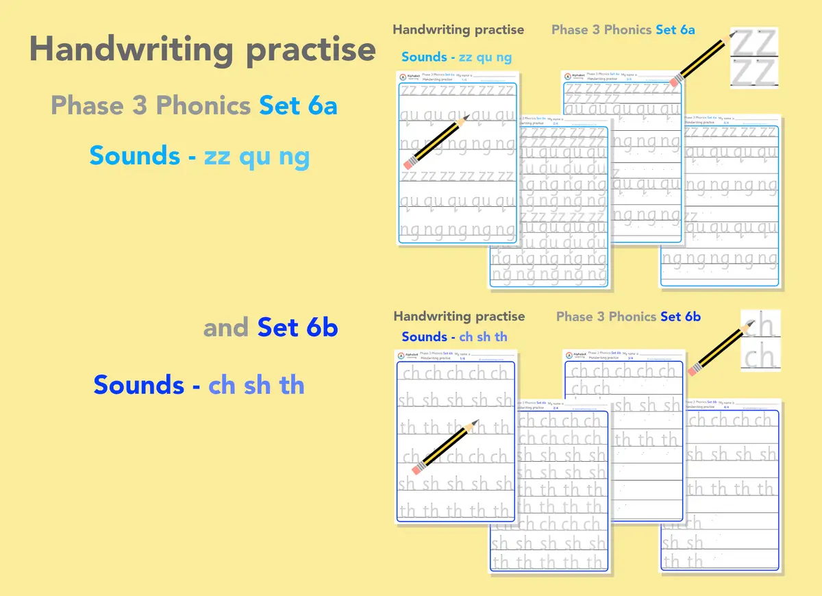 Handwriting Phase 3 Phonics zz qu ng ch sh th (Set 6) main preview