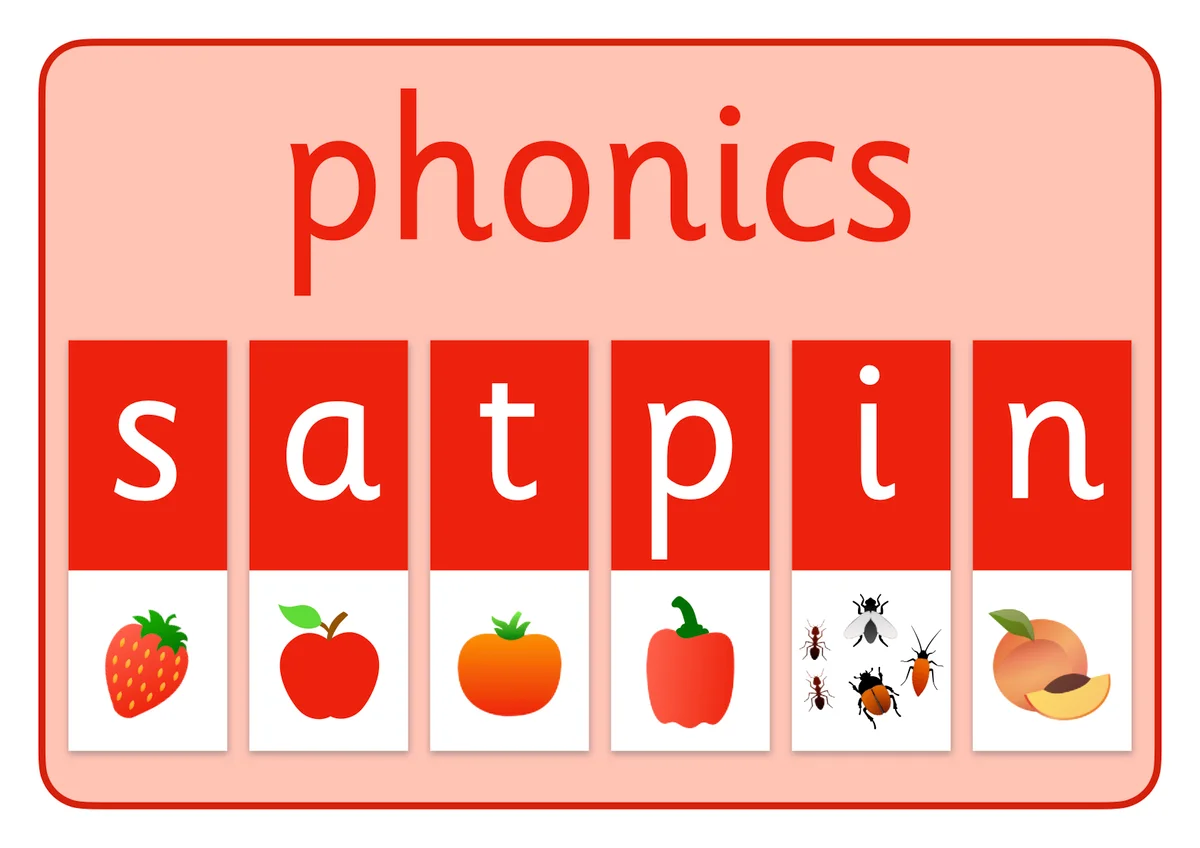 Six grapheme cards each featuring the letters satpin and corresponding images beginning with these letter sounds. In shades of red.