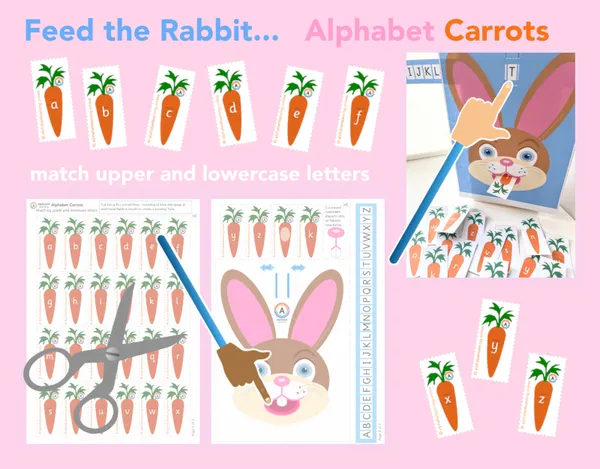 Alphabet carrots upper and lowercase matching activity printable resource (ages 3-6)