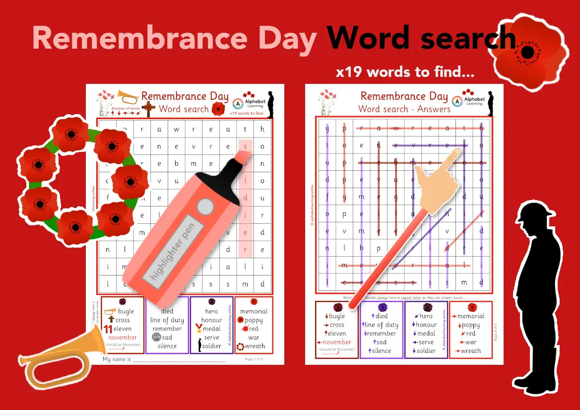 Remembrance Day themed word search worksheet (ages 5-7) main preview