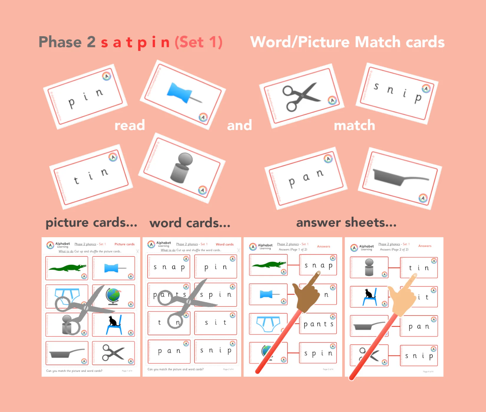s a t p i n Phonics Picture/word match cards