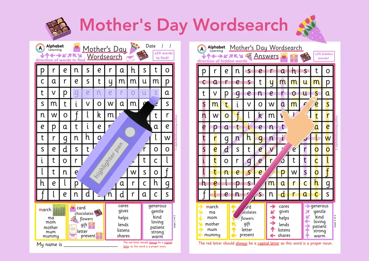 Mother’s Day themed word search worksheet (ages 5-7) main preview