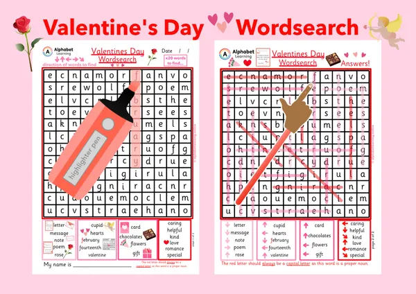 Valentine's Day themed word search worksheet (ages 5-7)