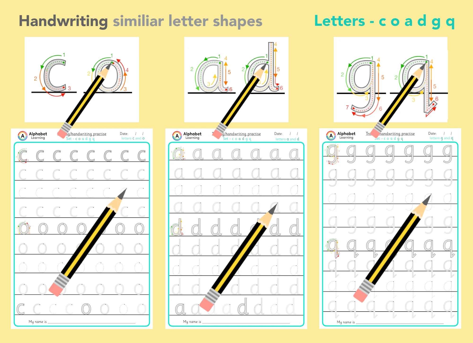Correct Handwriting similar letters - c o a d g q