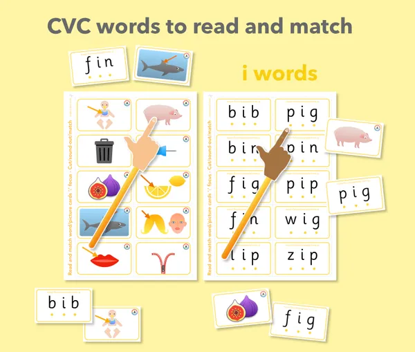 CVC words read and match - short i sound flashcards (ages 4-6)