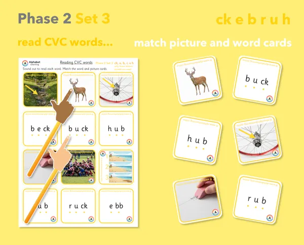 ck e u r h b Phase 2 CVC word and picture cards (Set 3 of 4)