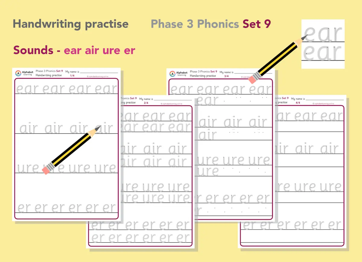 Handwriting Phase 3 Phonics ear, air, ure, er (Set 9) main preview