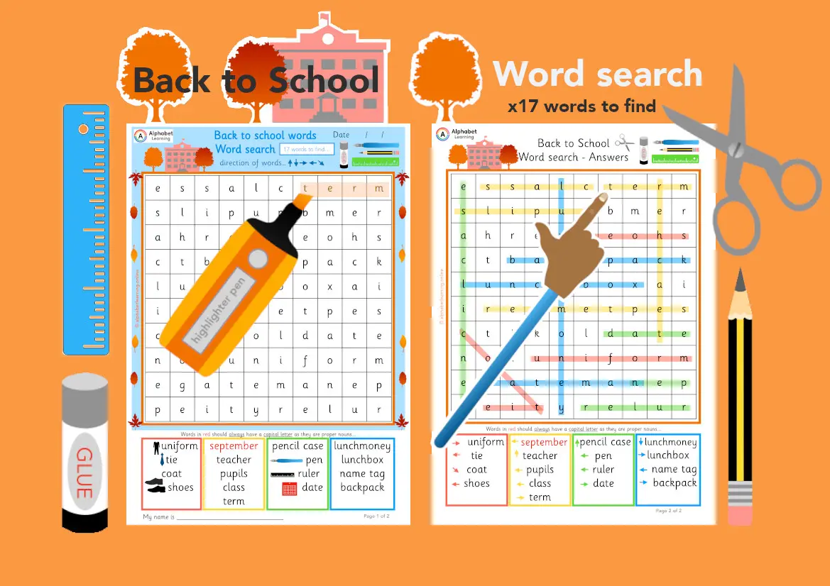 Back to school themed word search worksheet (ages 5-7) main preview