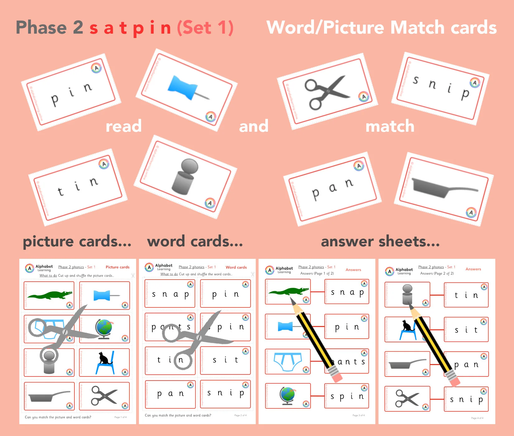 s a t p i n Phonics Picture/word match cards
