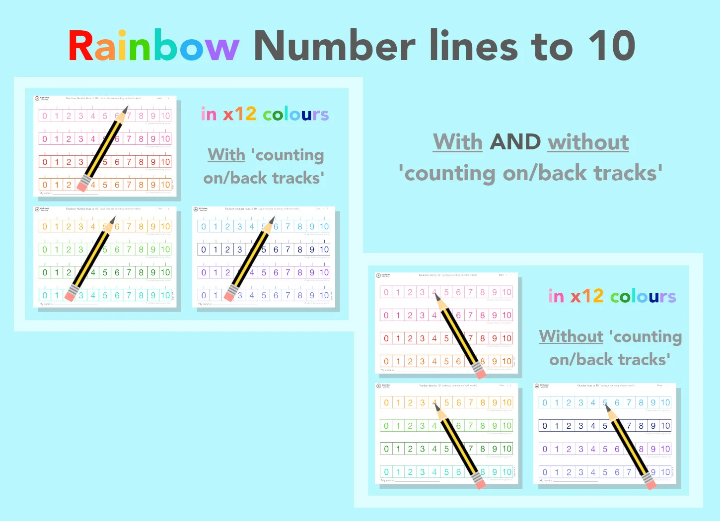 Number lines 0 - 10 with AND without 'count on/back' tracks (Rainbow)