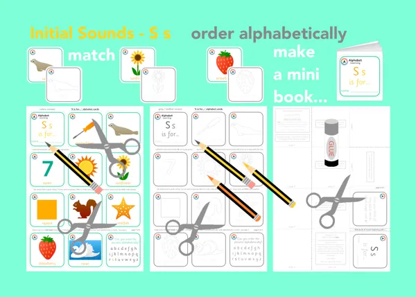 S is for... letter 's' initial sounds - alphabet cards and mini book activity printable resource (Ages 3-6)