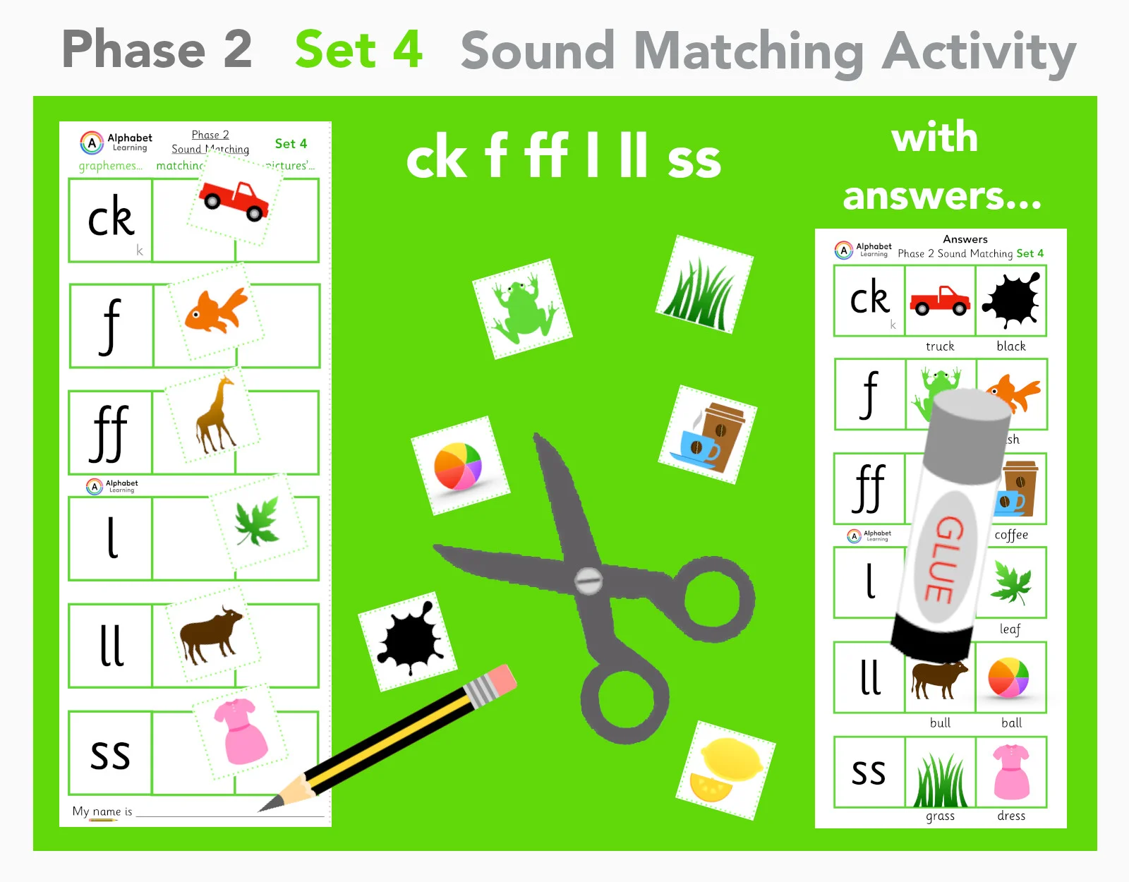 Phase 2 Phonics ck f ff l ll ss (set 4 of 4)