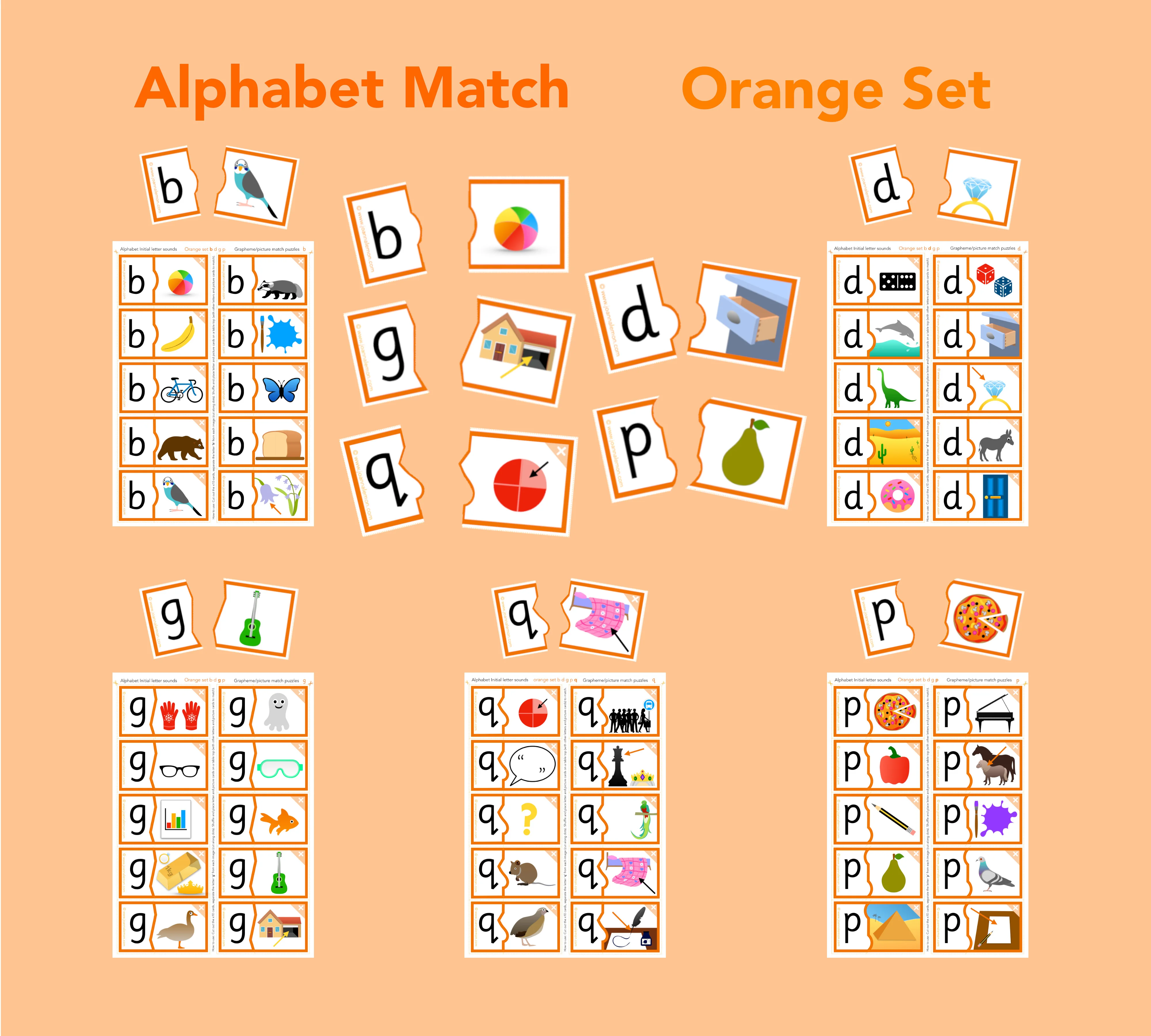 Alphabet match - letters b d g p q (Orange set)