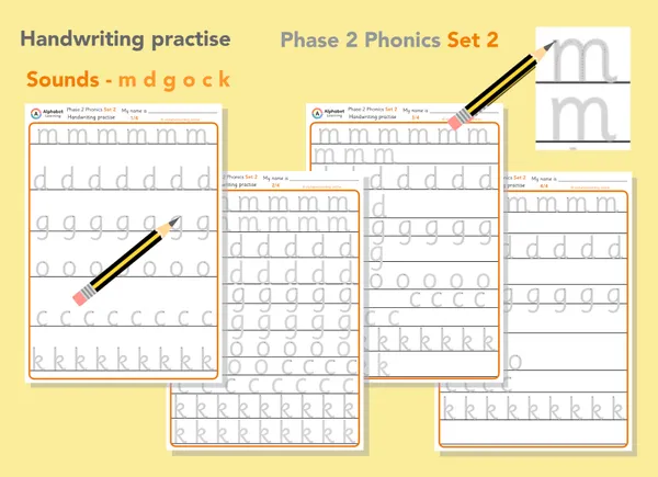 Handwriting Phase 2 Phonics m d g o c k (Set 2)