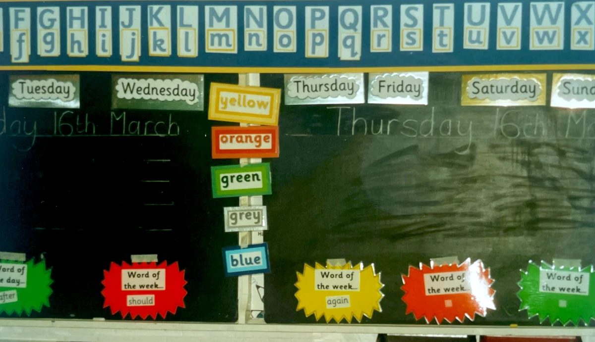 A scrolling blackboard with display items featuring an alphabet strip across the top, days of the week, colour words, and 'Word of the week' signs.
