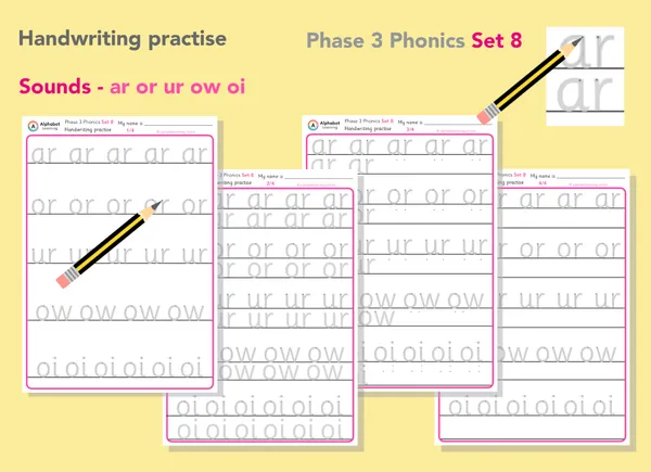 Handwriting Phase 3 Phonics ar, or, ur, ow, oi (Set 8)
