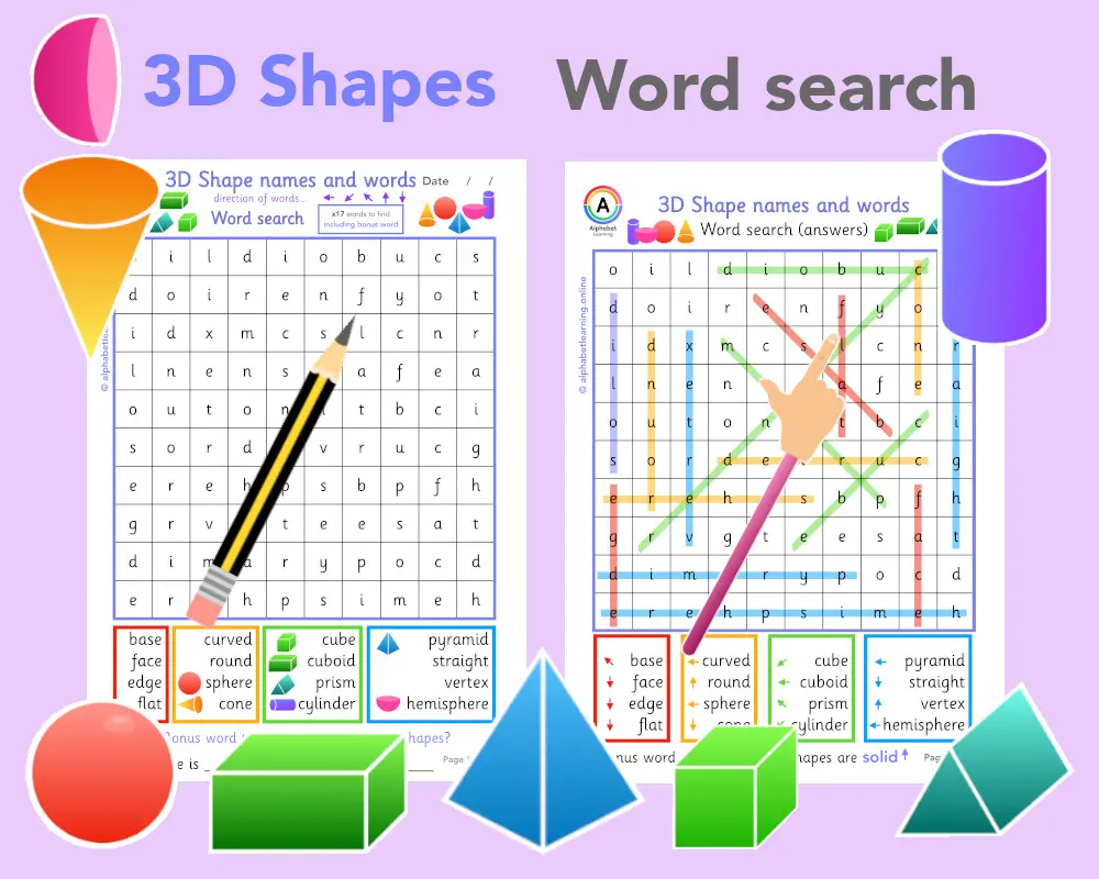 3D shapes word search worksheet (ages 5-7) main preview