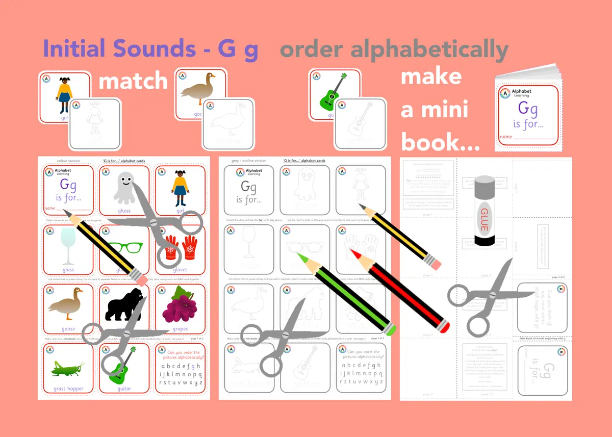 G is for... letter 'g' initial sounds - alphabet cards and mini book activity printable resource (Ages 3-6) main preview