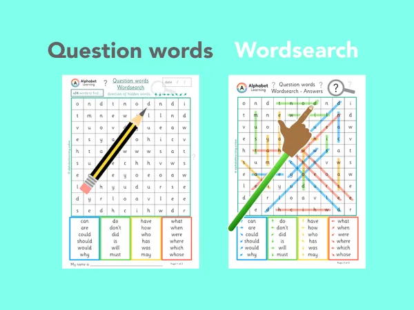 Question words themed word search worksheet (ages 5-7)