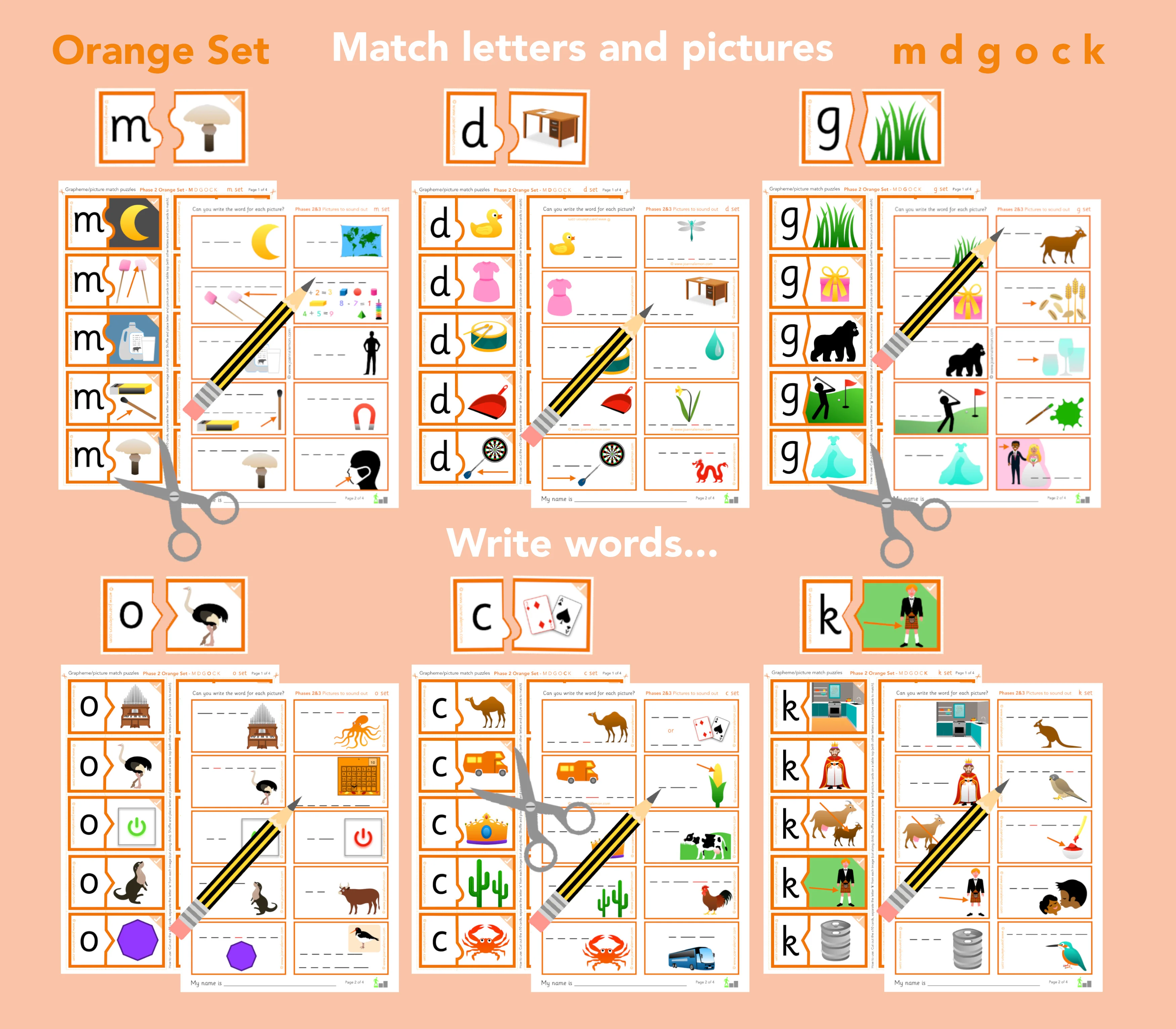 m d g o c k Match letters/pictures, write words