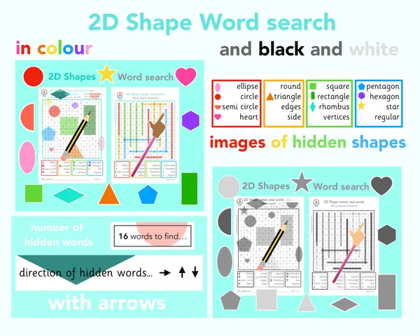 2D shapes word search worksheet (ages 5-7)