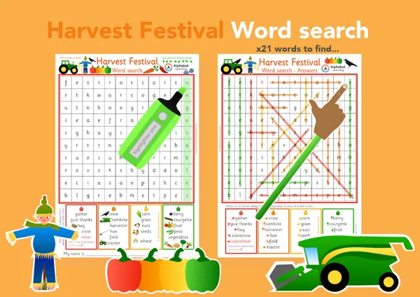 Harvest Festival themed word search worksheet (ages 5-7)