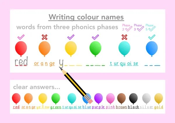 Writing colour words - Phonics phases 2, 3, 5
